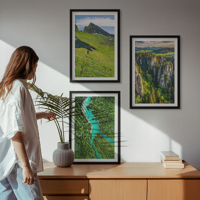 Three-piece wall art piece Green mountains river rocks