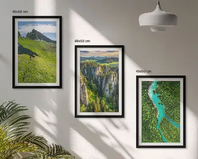 Three-piece wall art set featuring green mountains and river rocks