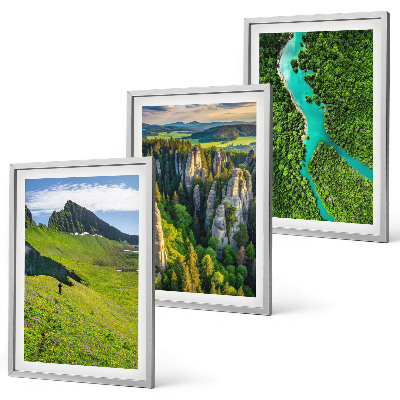 Three-piece wall art piece Green mountains river rocks