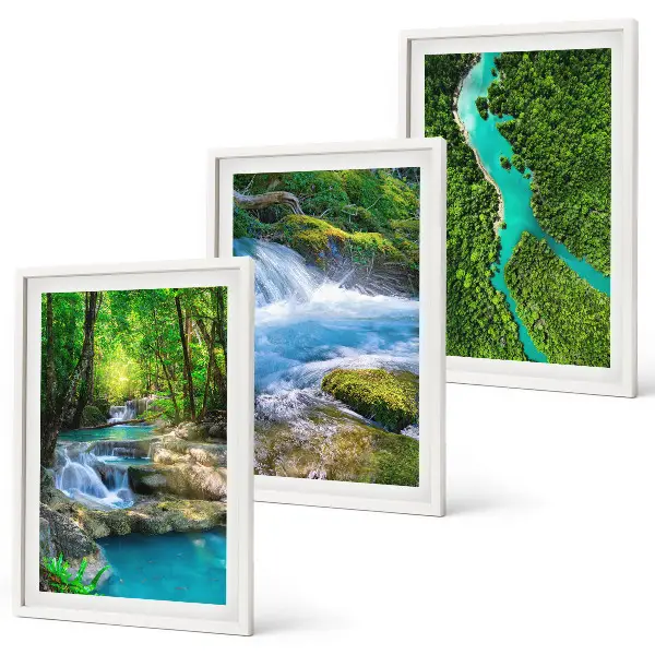 Set of 3 framed wall art pieces featuring green forests and crystalline waters