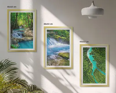 Set of 3 framed wall art pieces featuring green forests and crystalline waters