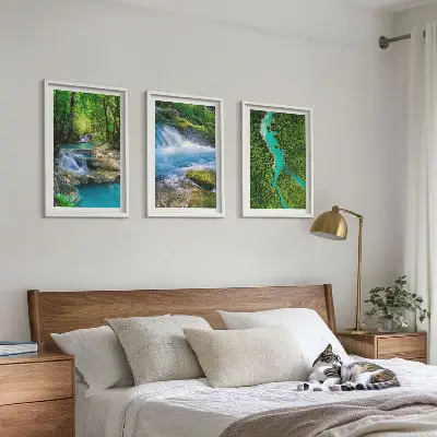 Set of 3 framed wall art pieces featuring green forests and crystalline waters