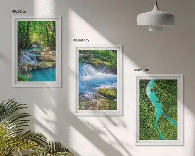 Set of 3 framed wall art pieces featuring green forests and crystalline waters