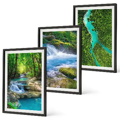Set of 3 framed wall art pieces featuring green forests and crystalline waters