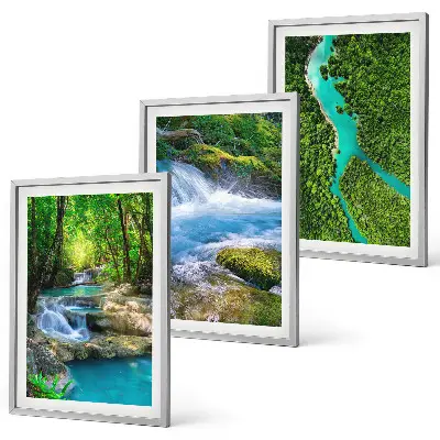 Set of 3 framed wall art pieces featuring green forests and crystalline waters