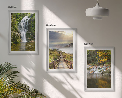 Three-piece wall art piece Waterfalls mountains clouds autumn