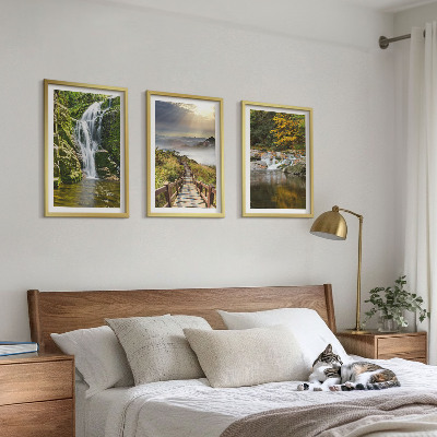 Three-piece wall art piece Waterfalls mountains clouds autumn