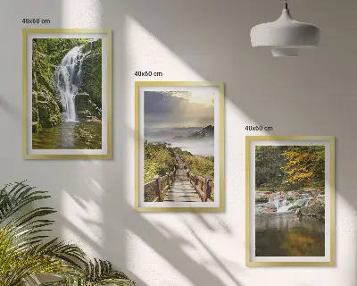 Three-piece waterfall, mountain, and cloud autumn wall art autumn forest landscape with mountains and clouds