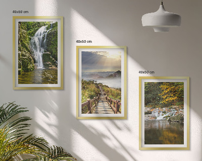 Three-piece wall art piece Waterfalls mountains clouds autumn