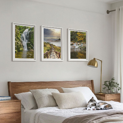 Three-piece wall art piece Waterfalls mountains clouds autumn