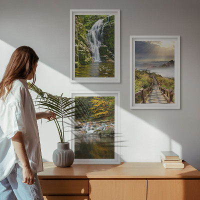 Three-piece wall art piece Waterfalls mountains clouds autumn