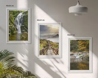 Three-piece waterfall, mountain, and cloud autumn wall art autumn forest landscape with mountains and clouds