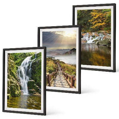 Three-piece wall art piece Waterfalls mountains clouds autumn
