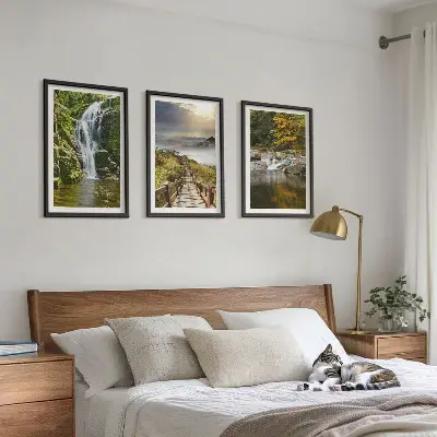 Three-piece waterfall, mountain, and cloud autumn wall art autumn forest landscape with mountains and clouds