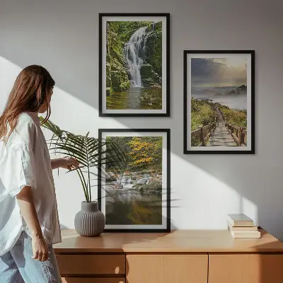 Three-piece waterfall, mountain, and cloud autumn wall art autumn forest landscape with mountains and clouds