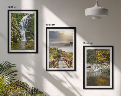 Three-piece wall art piece Waterfalls mountains clouds autumn
