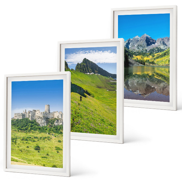 Set of 3 framed wall art pieces Green hills with a castle
