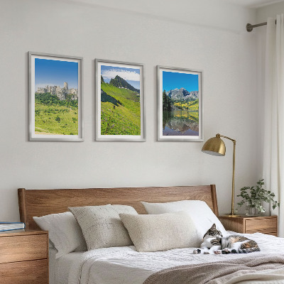 Set of 3 framed wall art pieces Green hills with a castle