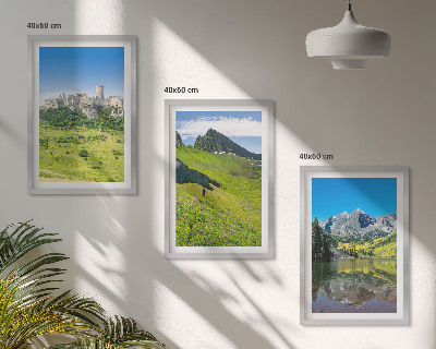 Set of 3 framed wall art pieces Green hills with a castle
