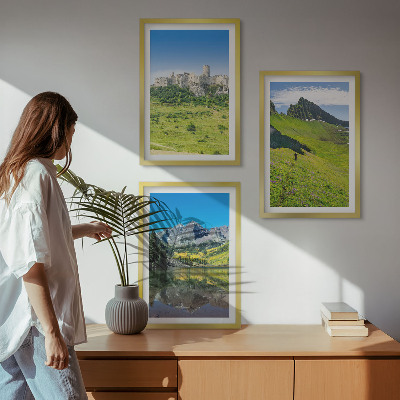 Set of 3 framed wall art pieces Green hills with a castle