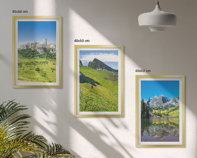 Set of 3 framed wall art pieces Green hills with a castle