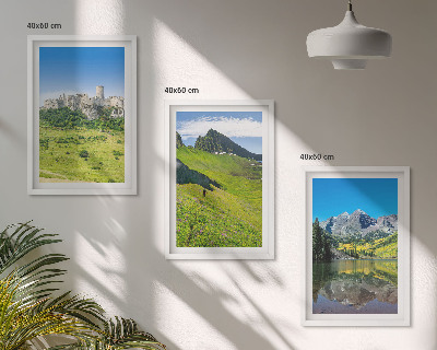Set of 3 framed wall art pieces Green hills with a castle