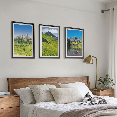 Set of 3 framed wall art pieces Green hills with a castle