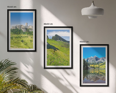 Set of 3 framed wall art pieces Green hills with a castle