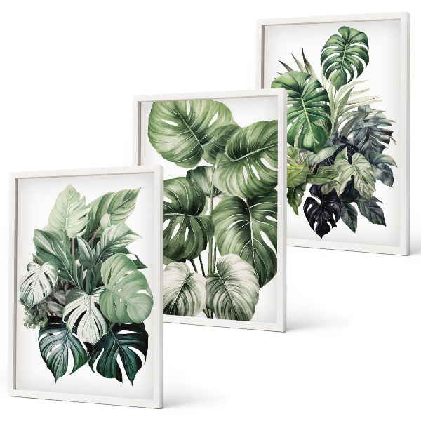 Three-piece wall art piece Green tropical leaves watercolor