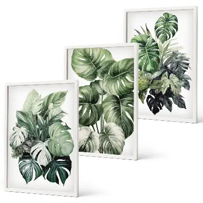 Three-piece wall art set green tropical leaves watercolor design