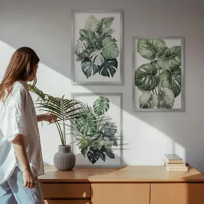 Three-piece wall art set green tropical leaves watercolor design