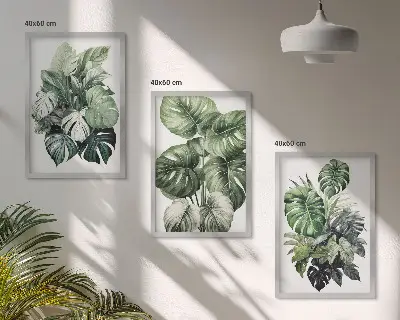 Three-piece wall art set green tropical leaves watercolor design