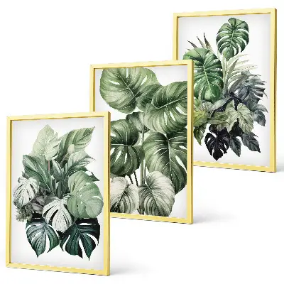 Three-piece wall art set green tropical leaves watercolor design