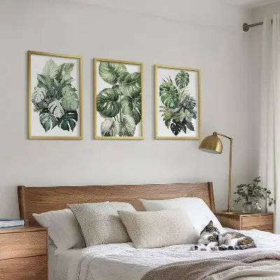 Three-piece wall art set green tropical leaves watercolor design