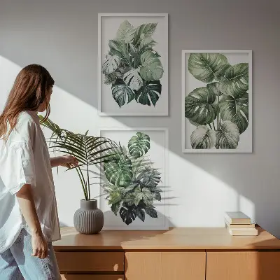 Three-piece wall art set green tropical leaves watercolor design