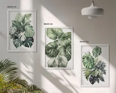 Three-piece wall art set green tropical leaves watercolor design