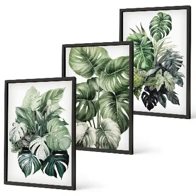 Three-piece wall art set green tropical leaves watercolor design