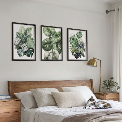 Three-piece wall art piece Green tropical leaves watercolor