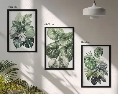 Three-piece wall art set green tropical leaves watercolor design