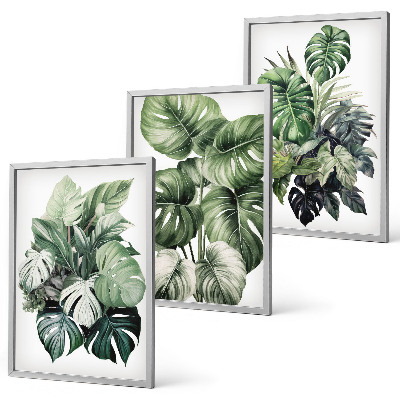 Three-piece wall art piece Green tropical leaves watercolor