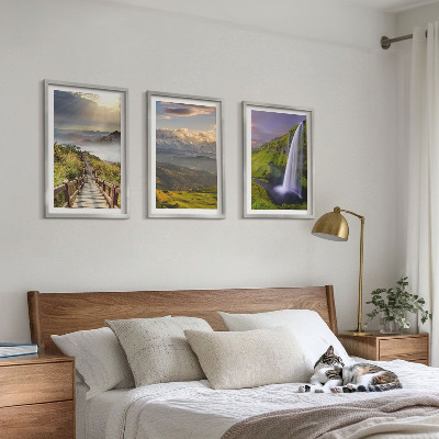 Set of 3 framed wall art pieces Mountain landscapes waterfall