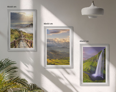 Set of 3 framed wall art pieces Mountain landscapes waterfall
