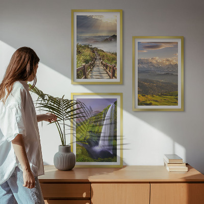 Set of 3 framed wall art pieces Mountain landscapes waterfall