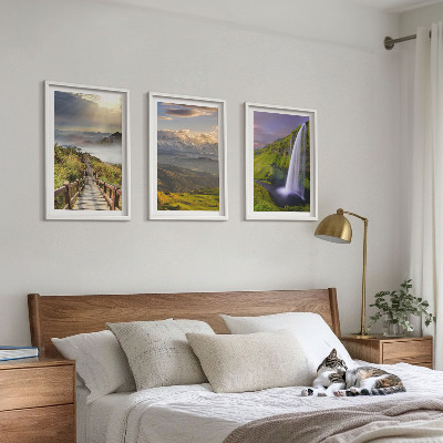 Set of 3 framed wall art pieces Mountain landscapes waterfall