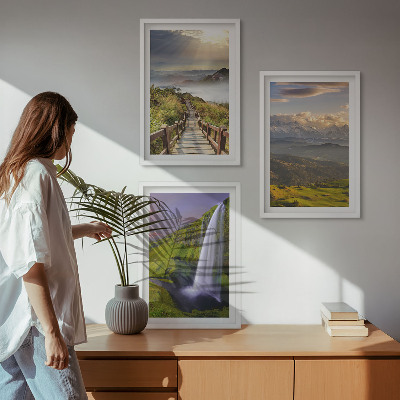 Set of 3 framed wall art pieces Mountain landscapes waterfall