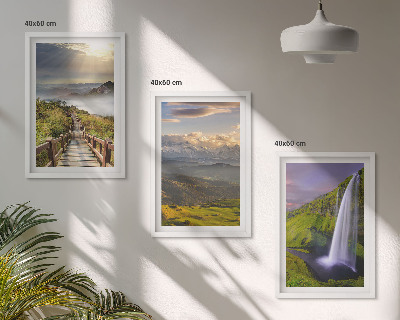 Set of 3 framed wall art pieces Mountain landscapes waterfall
