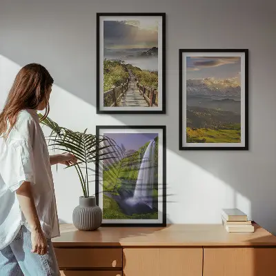 Set of 3 framed mountain waterfall wall art pieces mountain landscape prints