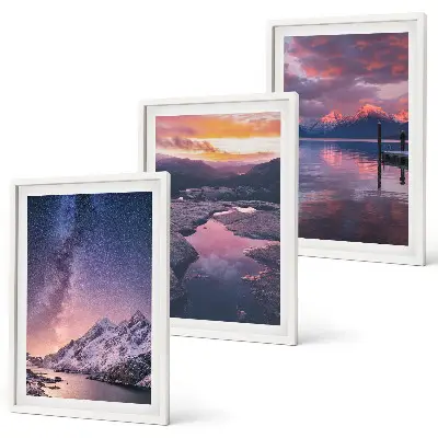 Set of 3 framed wall art pieces featuring beautiful mountain and water landscapes