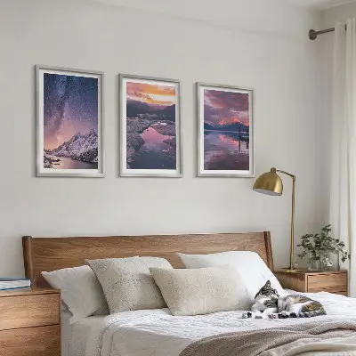 Set of 3 framed wall art pieces featuring beautiful mountain and water landscapes