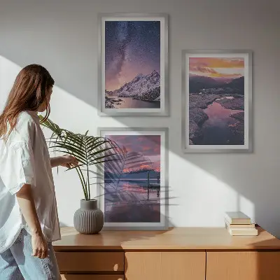 Set of 3 framed wall art pieces featuring beautiful mountain and water landscapes